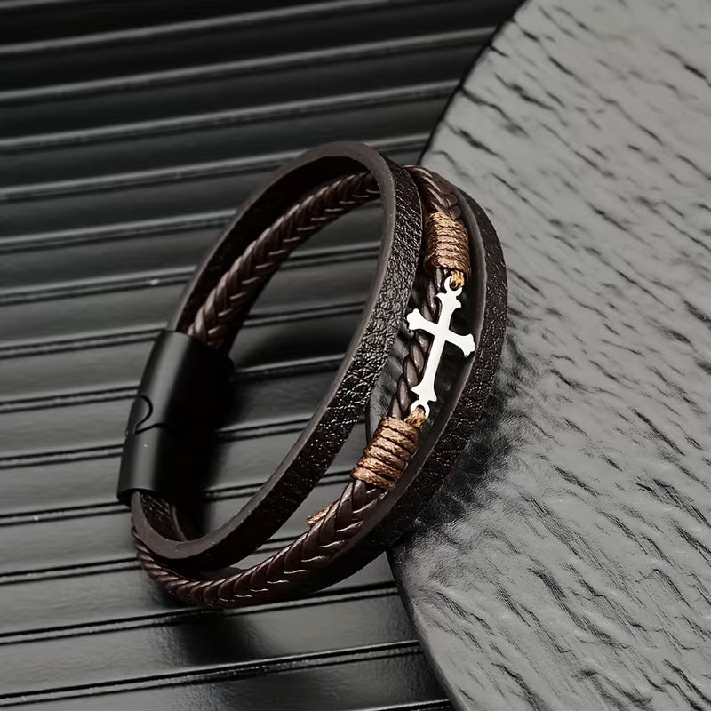 Leather Braided Cross Multi-Layer -BROWN