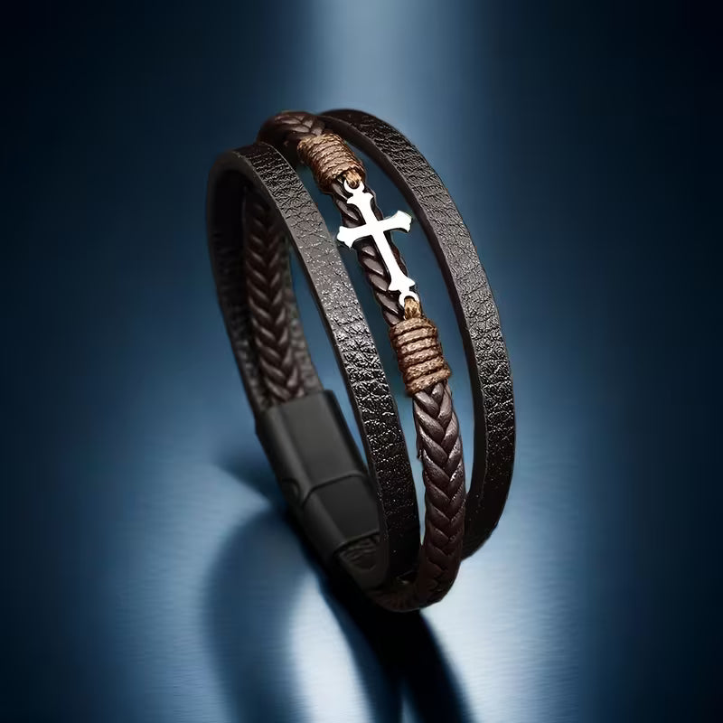 Leather Braided Cross Multi-Layer -BROWN