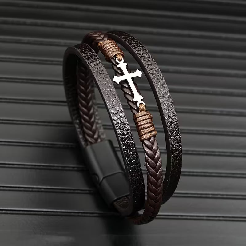 Leather Braided Cross Multi-Layer -BROWN